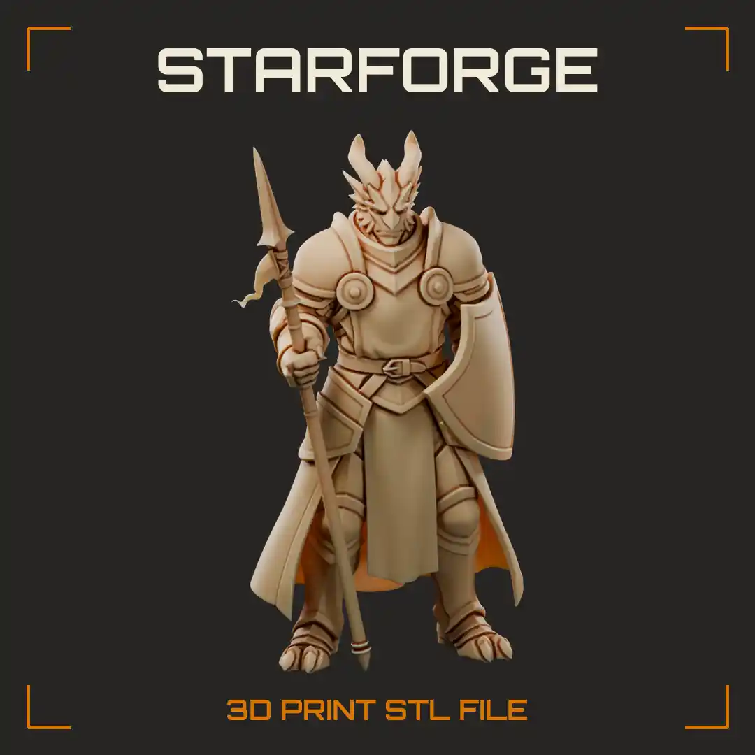 Armored Dragonborn Cavalier with Horned Crest Winged Spear Kite Shield and Scaled Tail - 3D Printable STL File