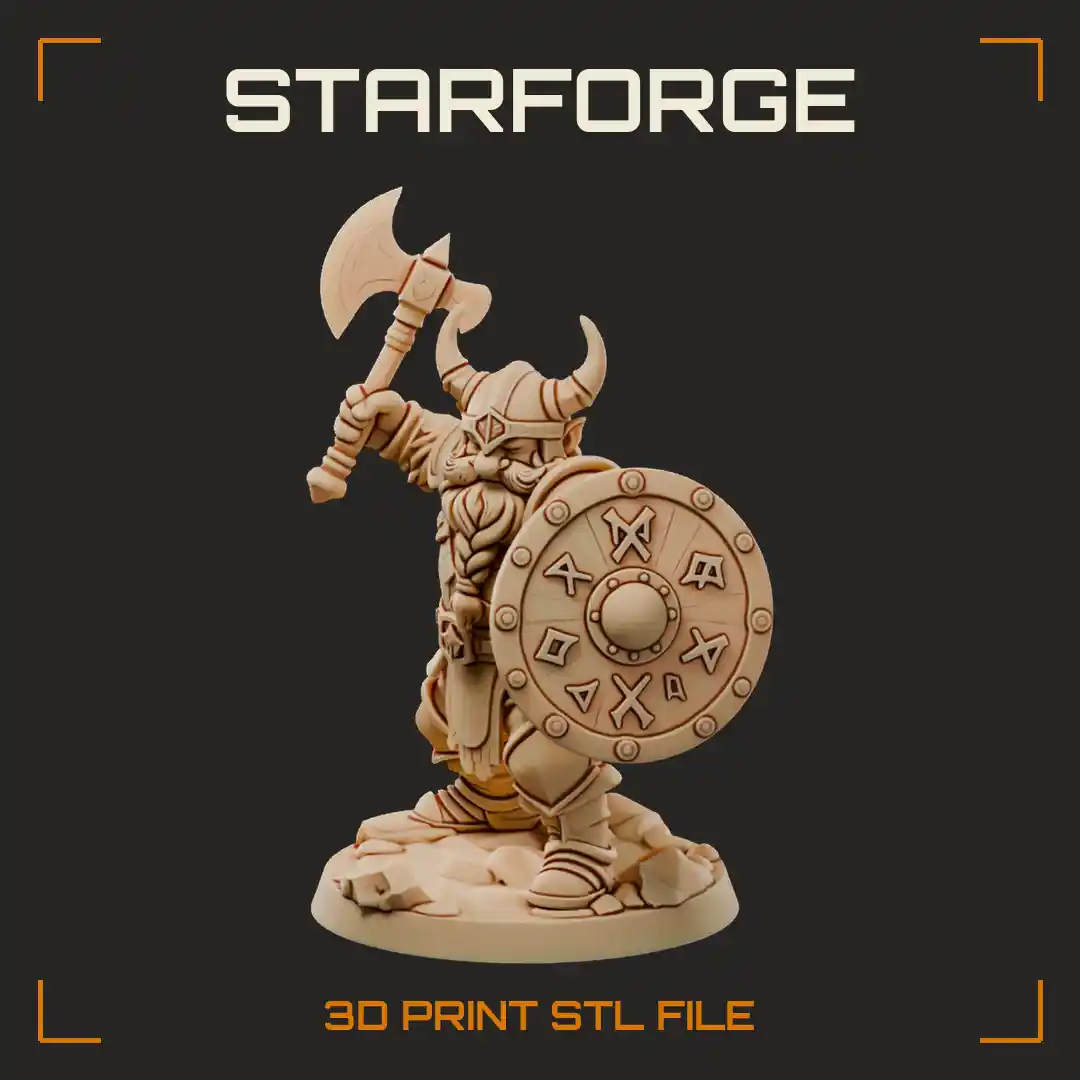 Armored Dwarf Warrior with Horned Helm Braided Beard Raised Double-Bladed Axe and Rune-Carved Round Shield - 3D Printable STL File