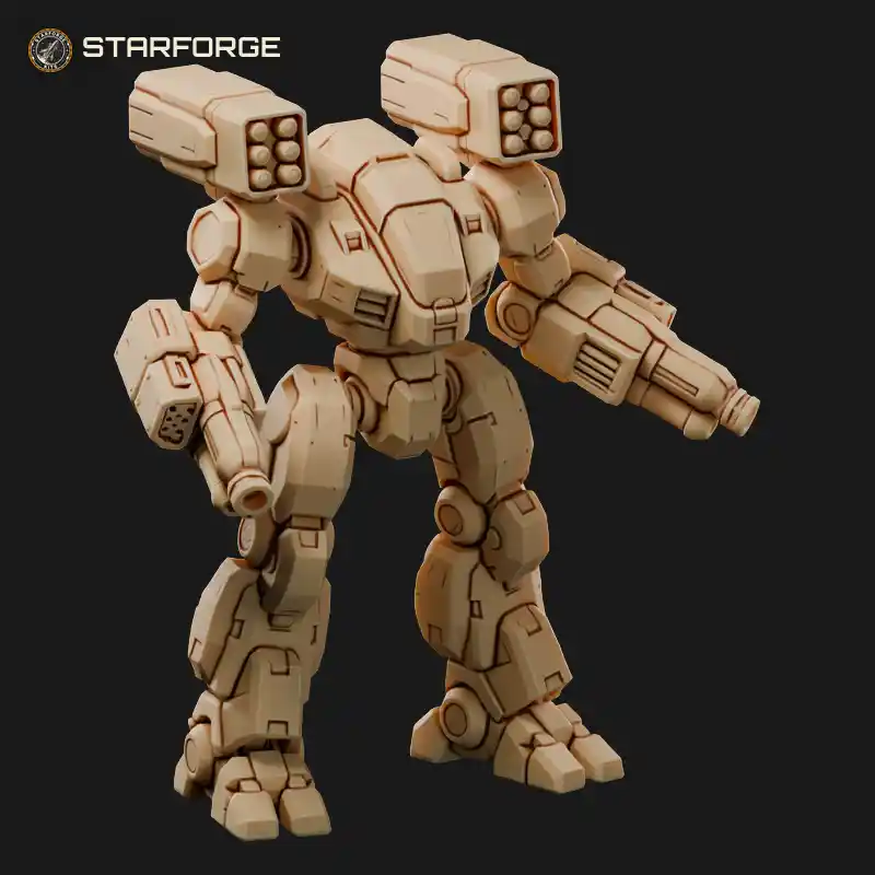 Armored Mech With Gun Arms and Shoulder Missile Pods