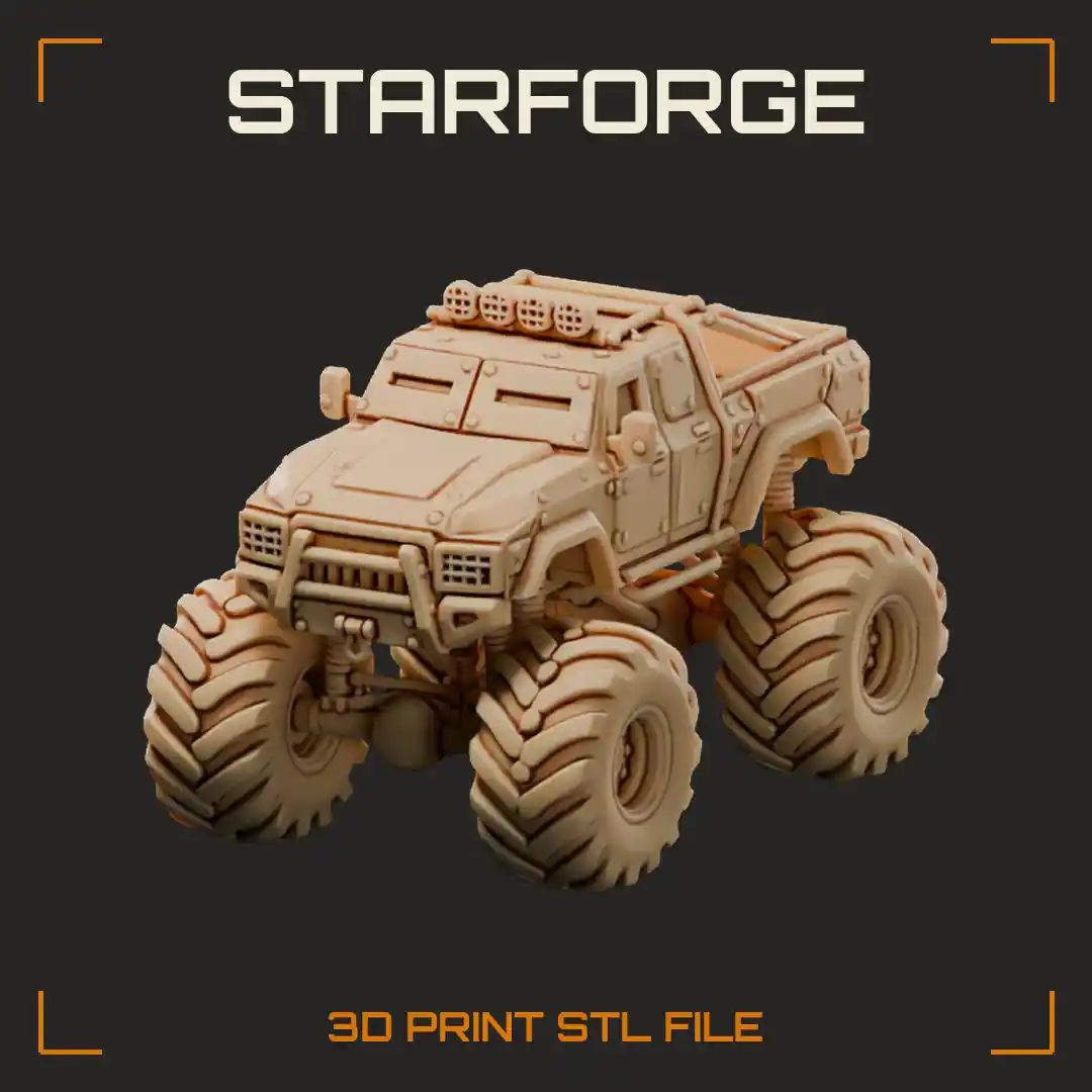 Armored Monster Truck with Oversized Tires Welded Plates and Roof Light Bar