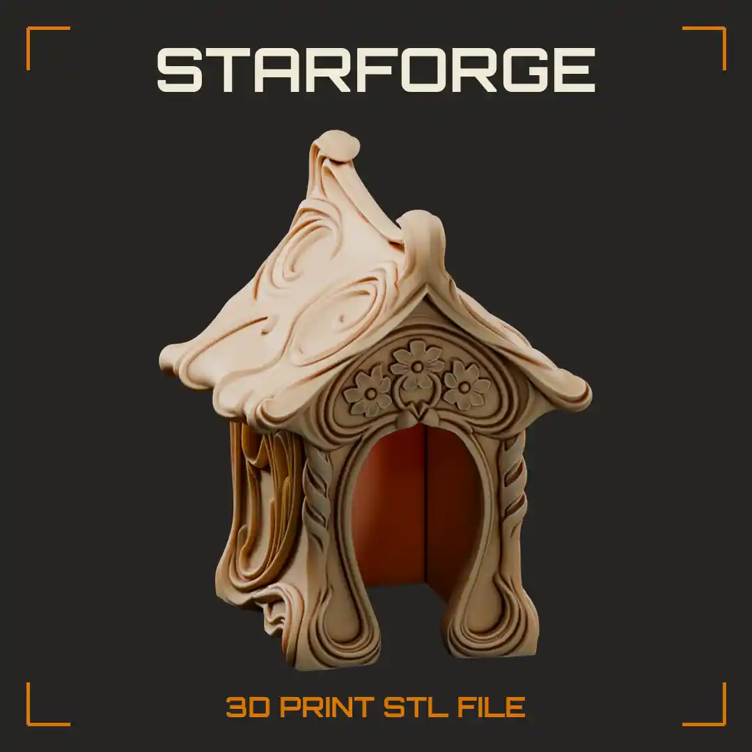 Art Nouveau Cottage Pet Hide with Swirling Vine Roof and Arched Doorway