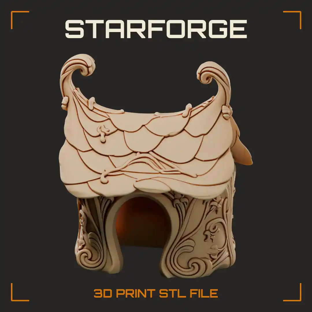 Art Nouveau Fairy Cottage Pet Hide with Curled Leaf Roof and Arched Doorway