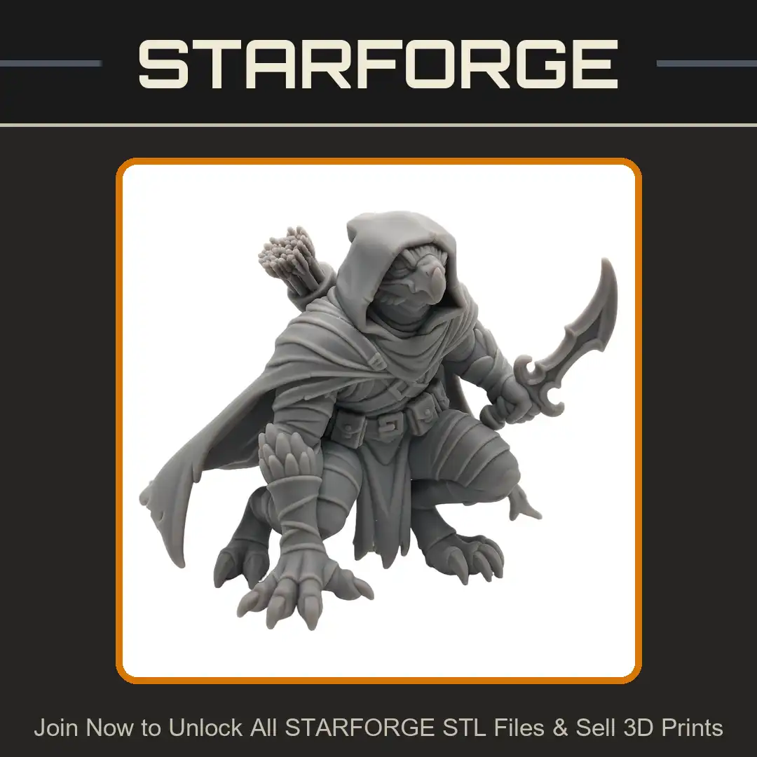 Avian Rogue Assassin Crouching Raptor Birdman Hooded Cloak Wavy Dagger Quiver Arrows - View 1 of 2