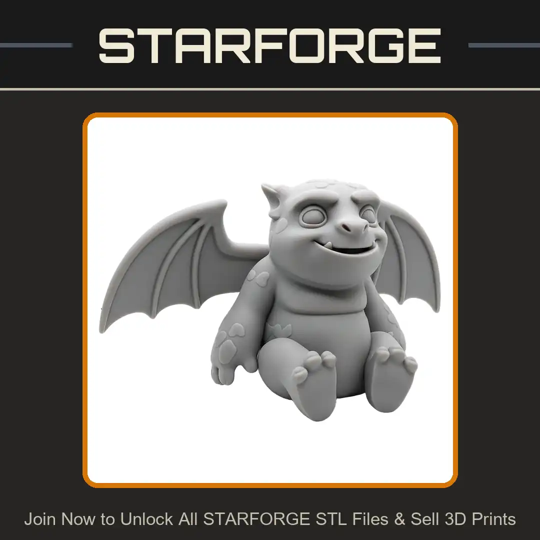 Baby Chibi Gargoyle Sitting Cracked Stone Bat Wings Smiling Fangs Horns Hatchling - View 1 of 2