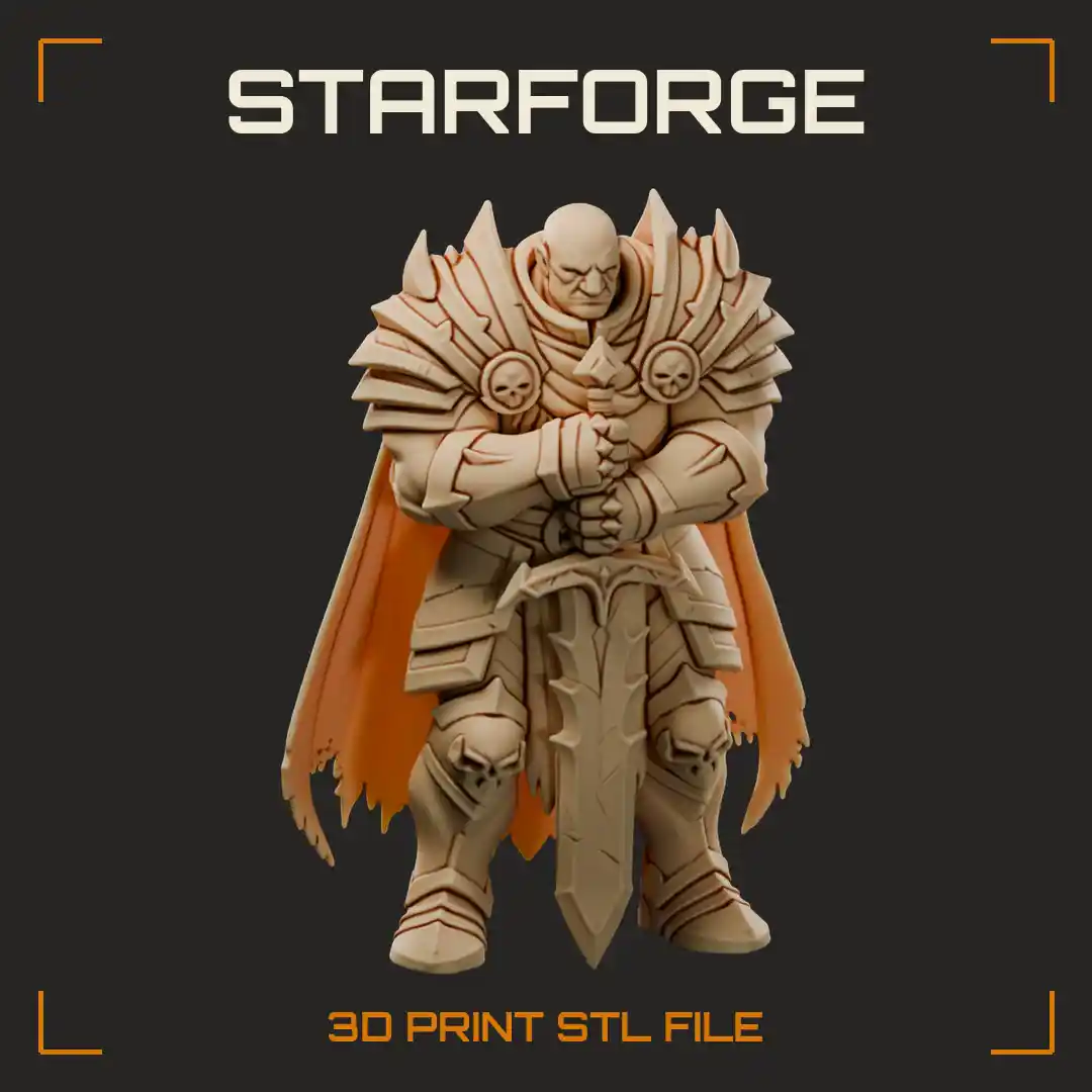 Bald Goliath Paladin in Spiked Pauldron Plate Armor Resting on Greatsword with Tattered Cape - 3D Printable STL File