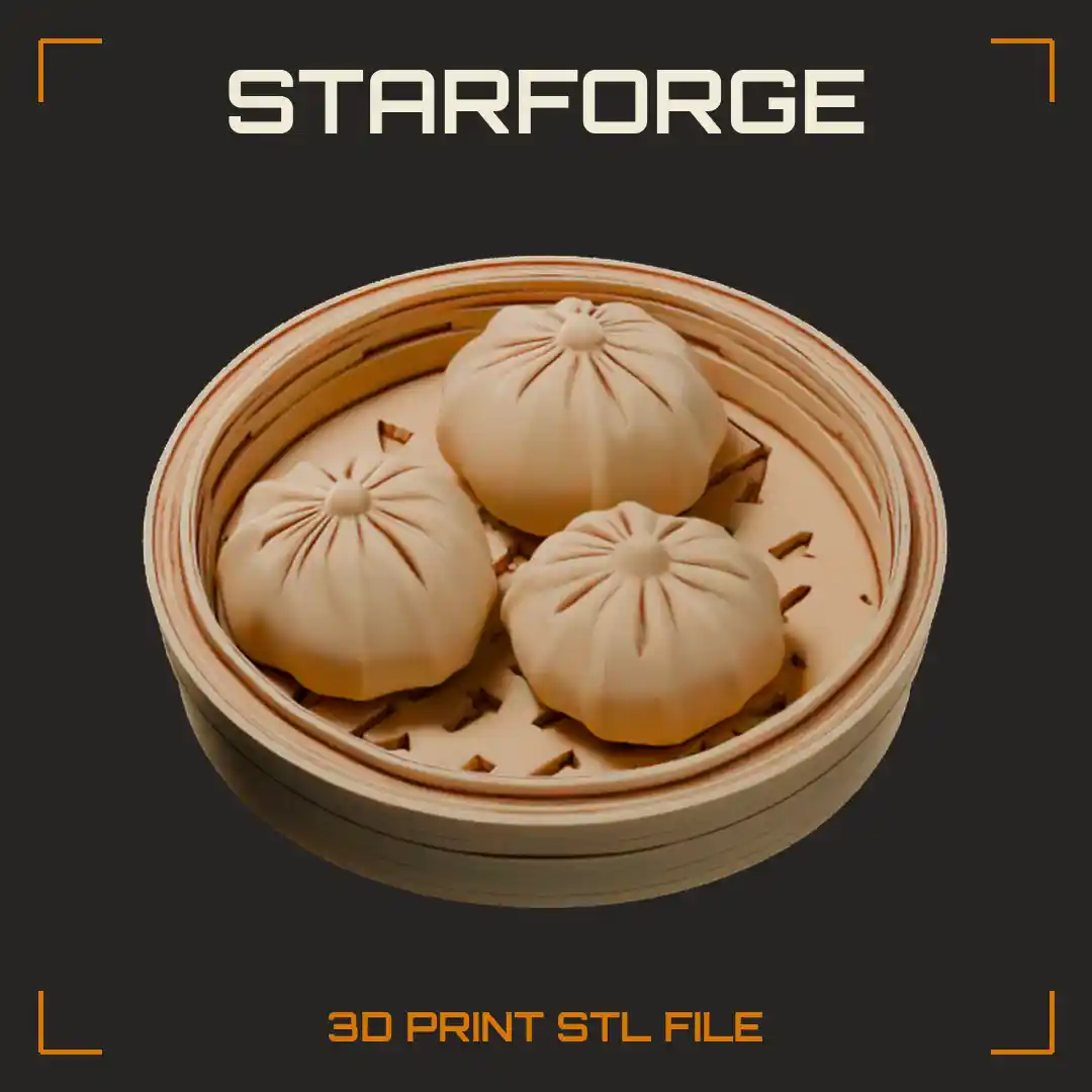 Bamboo Steamer Basket with Three Pleated Soup Dumplings on Woven Lattice Base - 3D Printable STL File