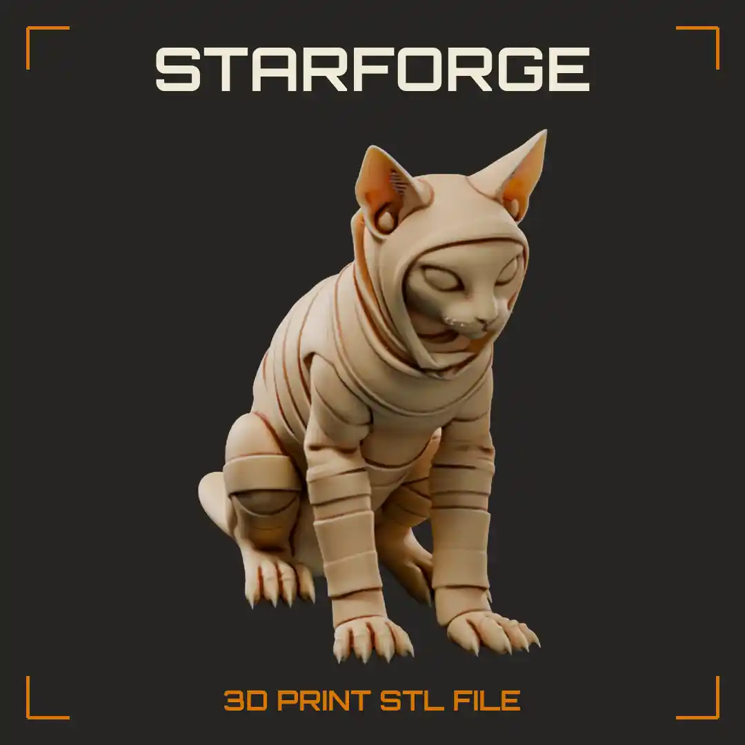 Bandage Wrapped Mummy Cat Sitting Upright with Snarling Fangs and Long Tail - 3D Printable STL File
