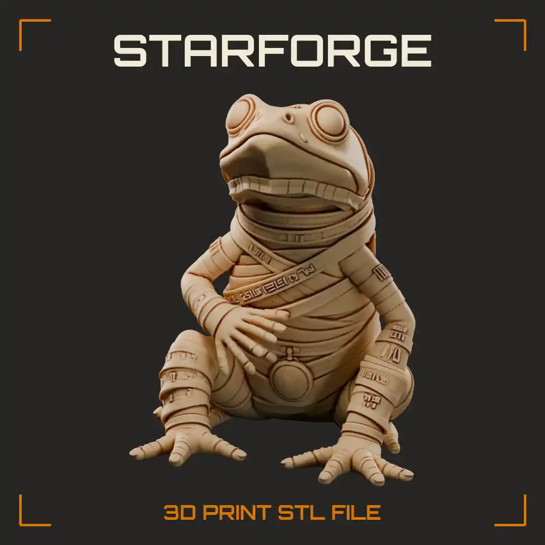 Bandage-Wrapped Mummy Toad with Bulging Eyes and Gaping Mouth Sitting Upright - 3D Printable STL File