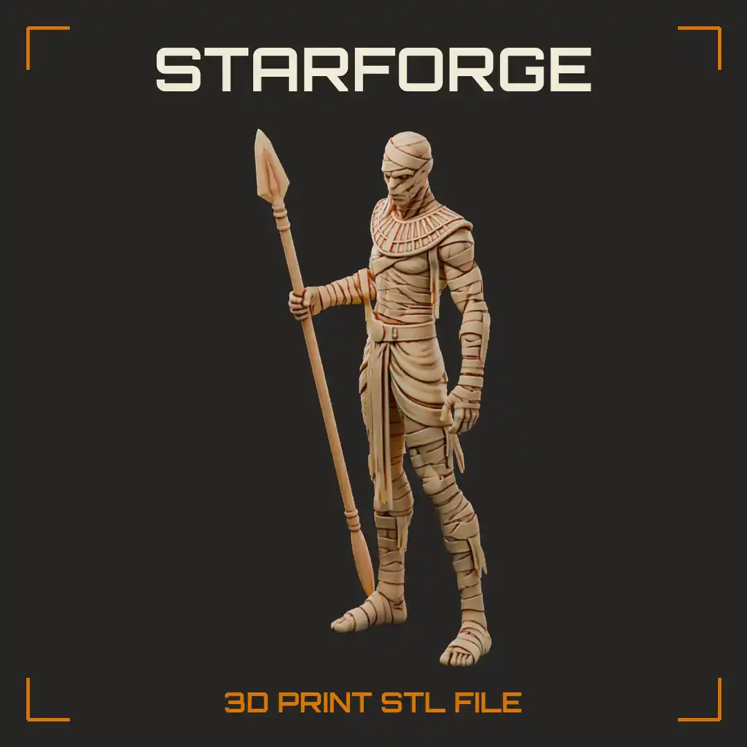Bandaged Mummy Warrior with Broad Wusekh Collar Tattered Loincloth and Tall Leaf-Bladed Spear - 3D Printable STL File