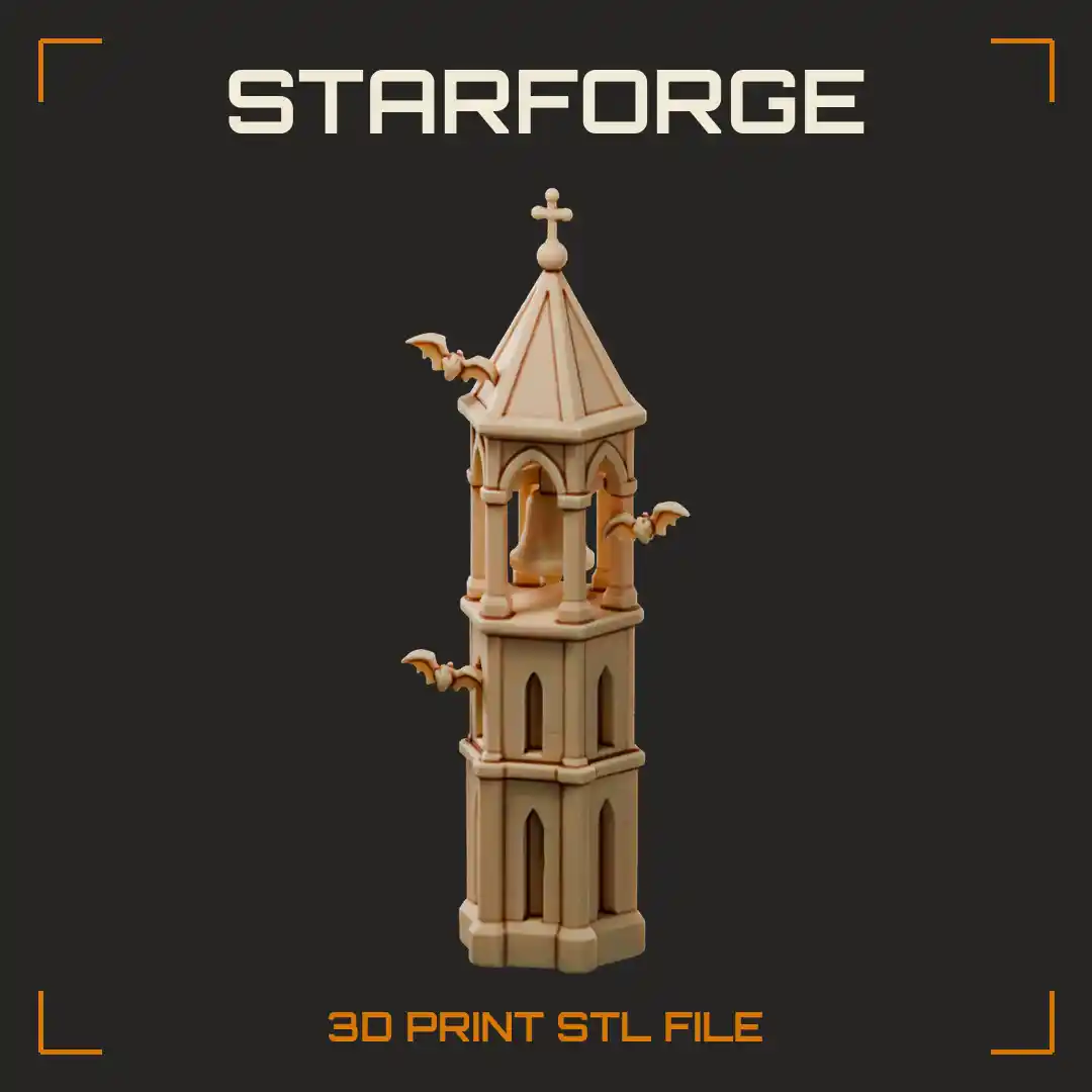 Bell Tower with Hanging Bell Pointed Roof Louvered Openings and Circling Bats