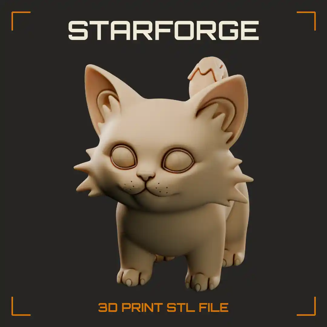 Big-Eyed Anime Kitten with Fluffy Cheek Tufts and Curled Star-Tipped Tail - 3D Printable STL File