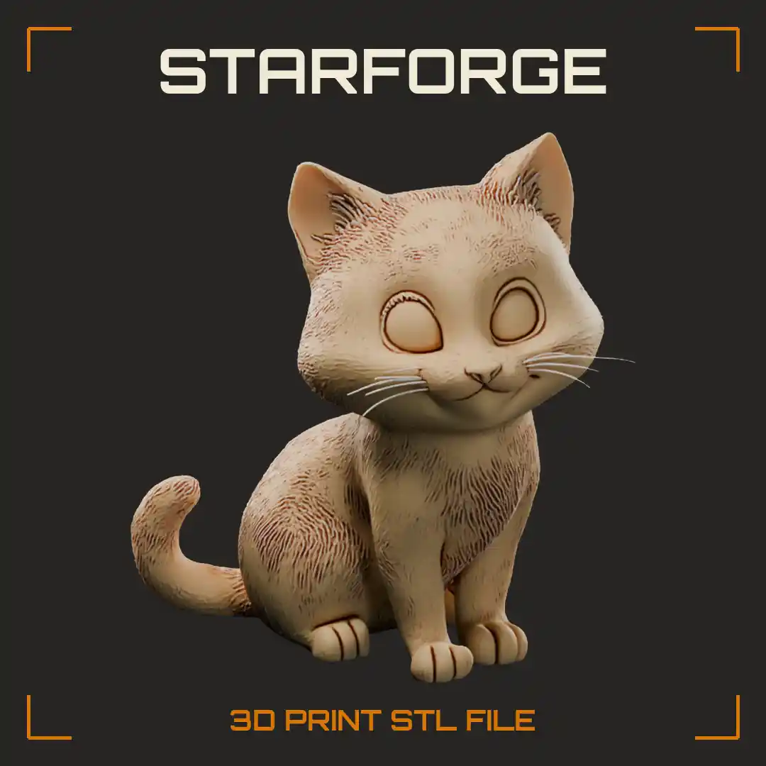 Big-Eyed Fluffy Kitten Sitting with Curled Tail and Tiny Smiling Mouth - 3D Printable STL File