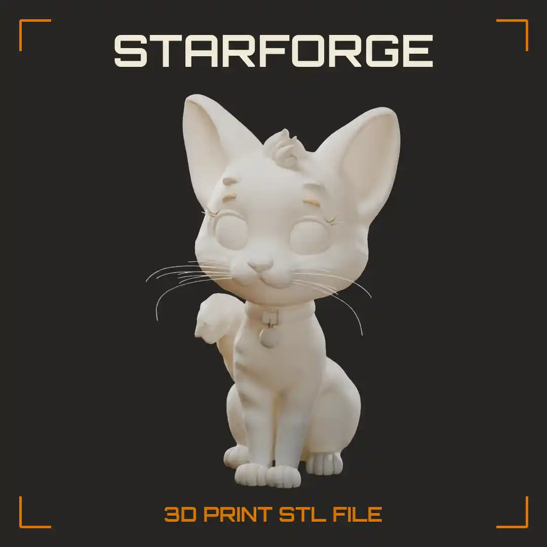 Big-Eyed Sitting Kitten with Bell Collar Tufted Forehead and Curled Fluffy Tail - 3D Printable STL File