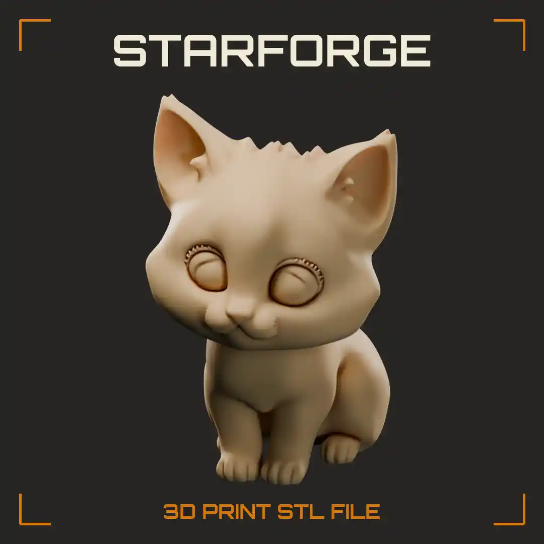 Big-Eyed Sitting Kitten with Stitched Closed Eyelids and Tufted Pointed Ears - 3D Printable STL File
