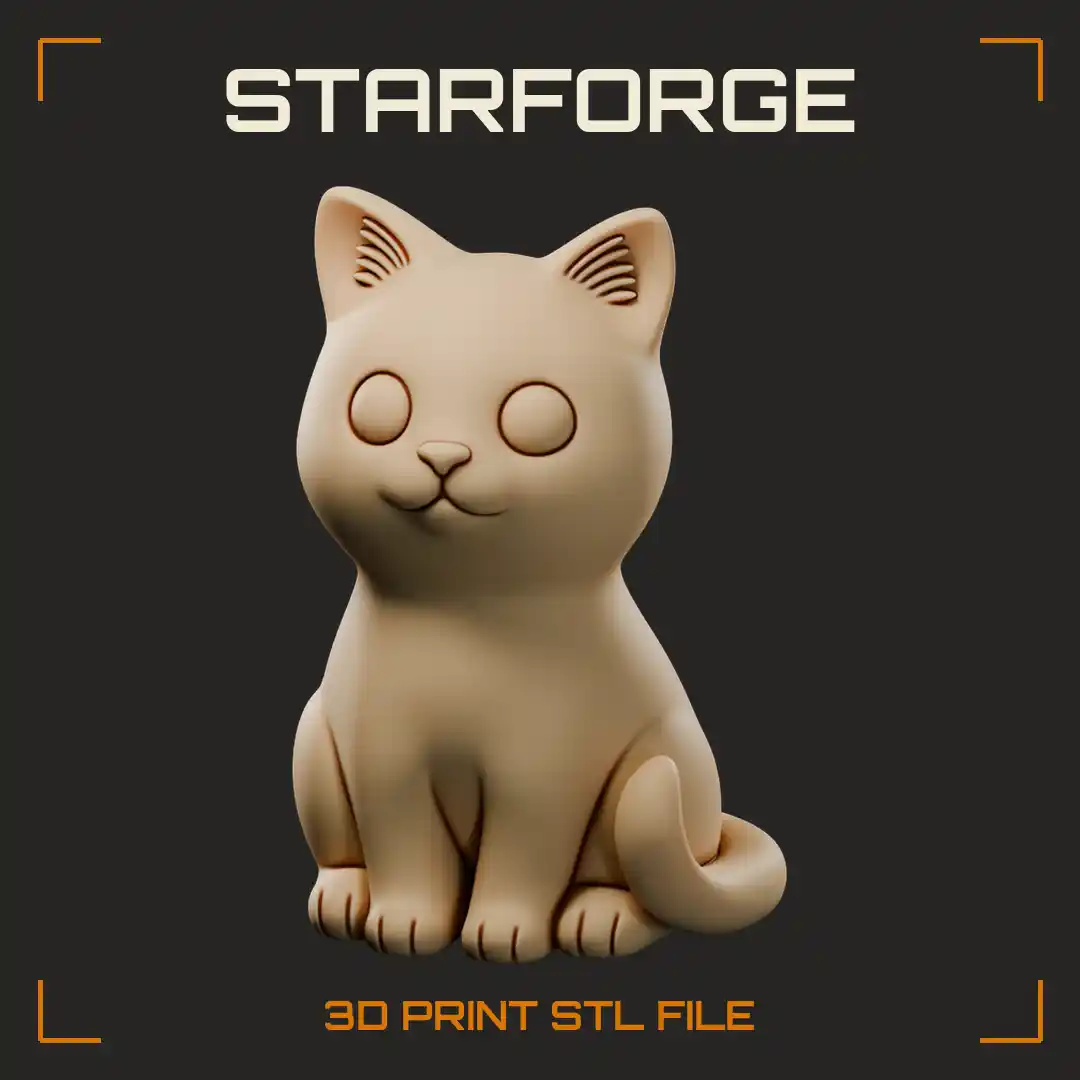 Big-Eyed Sitting Kitten with Tufted Ears Curled Tail and Tiny Smile - 3D Printable STL File