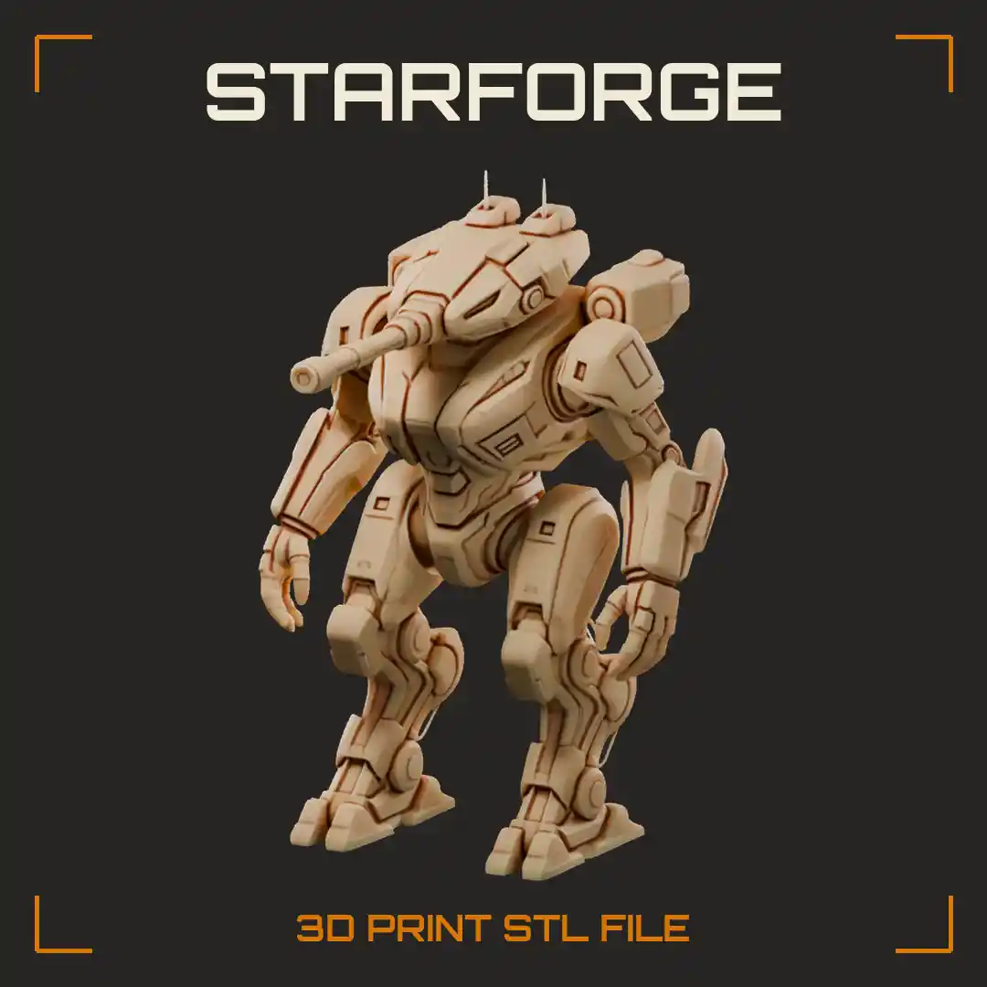 Bipedal Battle Mech Walker with Long Shoulder Cannon and Armored Hunched Torso - 3D Printable STL File