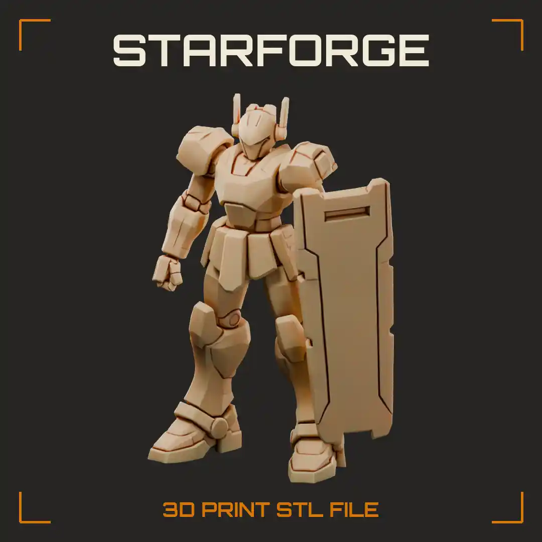 Blue Robot Defender Mech With Tower Shield and Short Sword