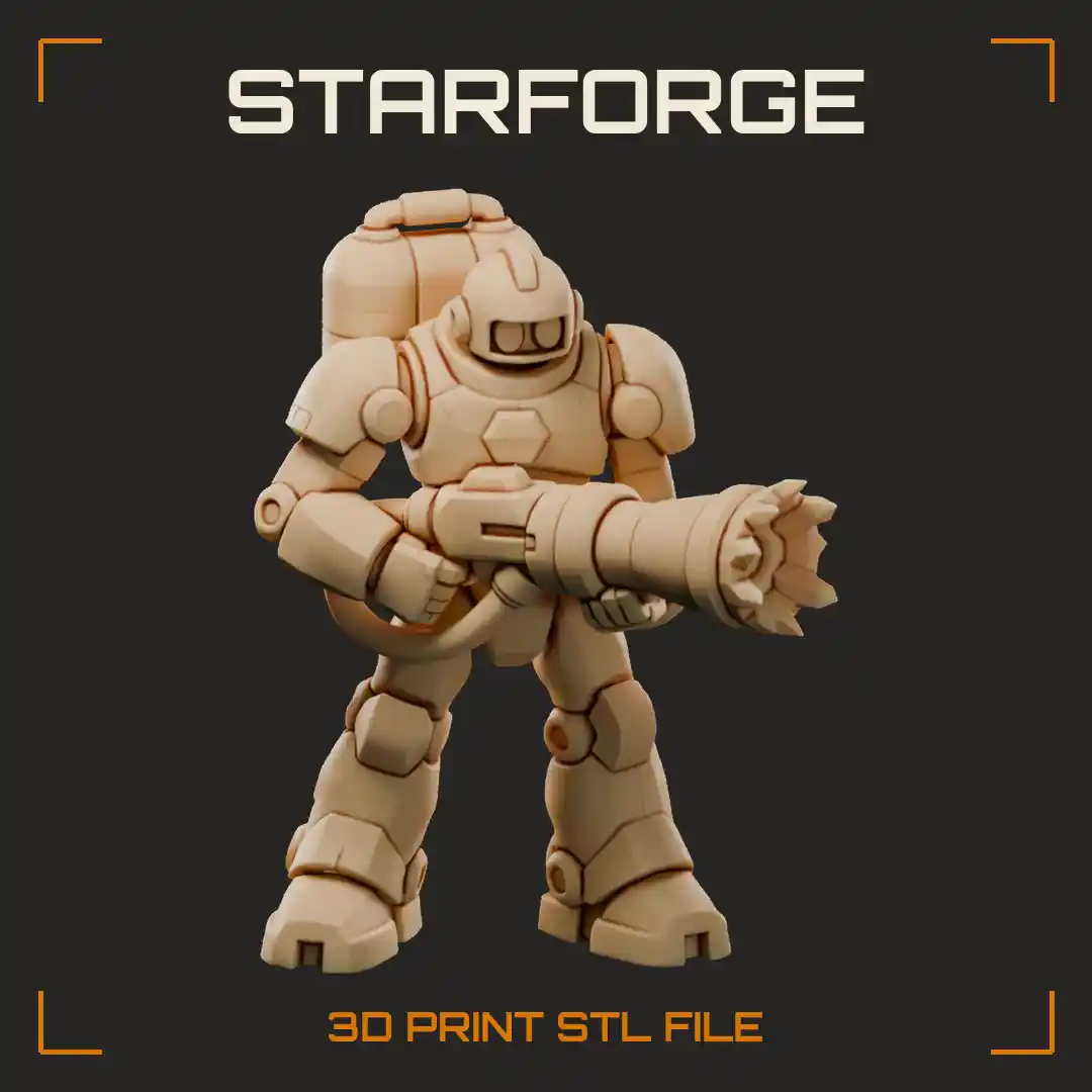 Blue Robot Mech With Heavy Armor Shoulders and Arm Frost Cannon