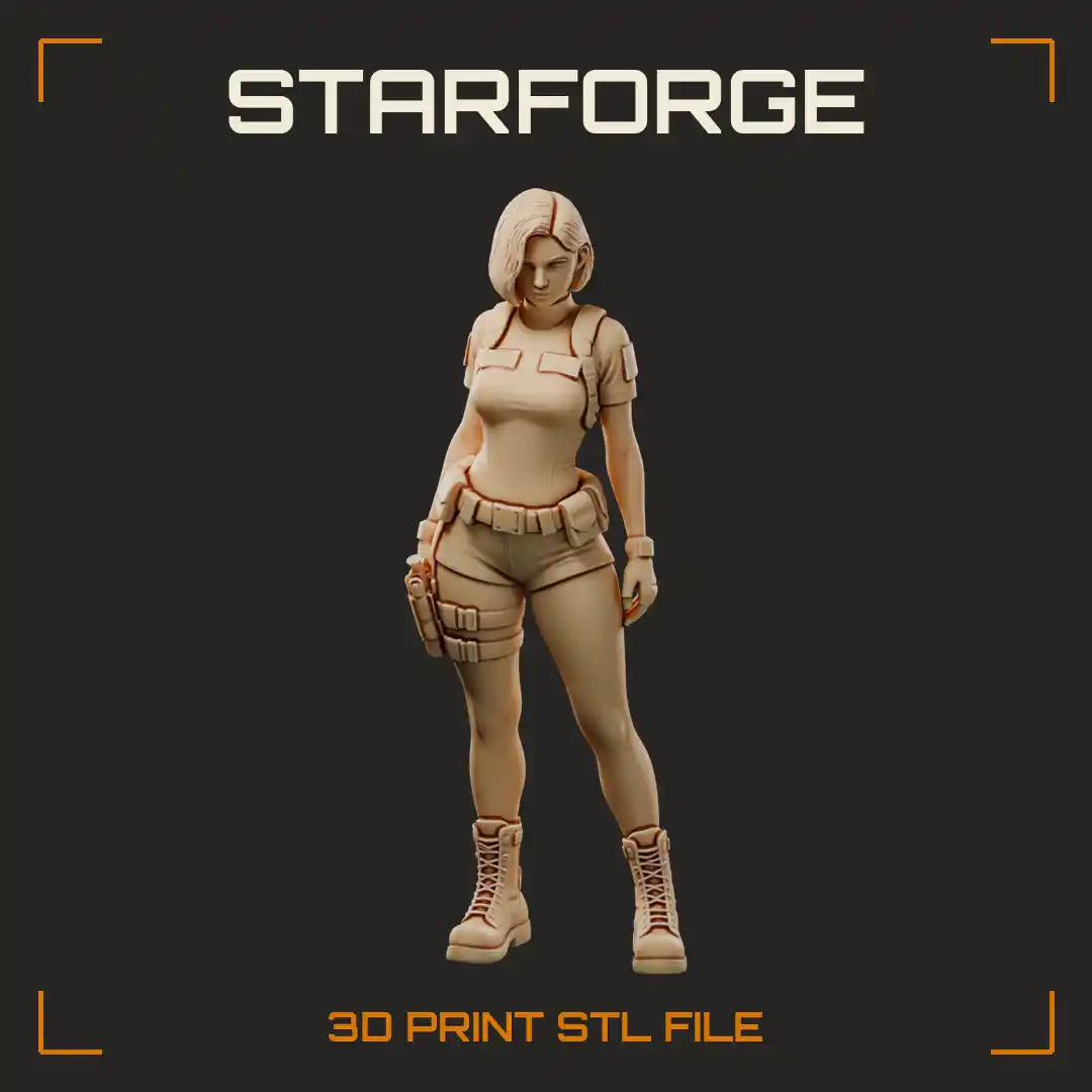 Bob-Haired Combat Medic Woman in Tactical Vest Shorts Thigh Holster and Lace-Up Boots - 3D Printable STL File