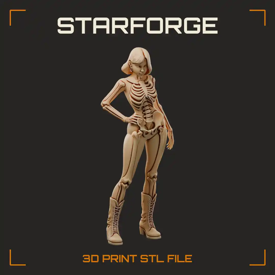 Bob-Haired Skeleton Suit Woman with Hand on Hip and Lace-Up Combat Boots - 3D Printable STL File