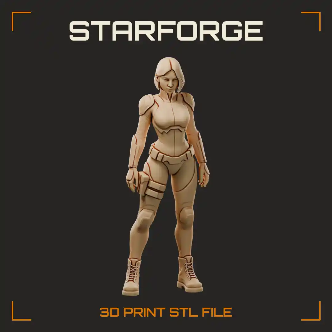 Bob-Haired Space Marine Woman in Segmented Bodysuit with Thigh Holster and Combat Boots - 3D Printable STL File