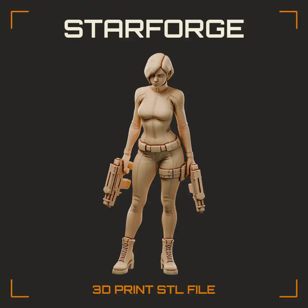 Bob-Haired Weapons Specialist in Fitted Bodysuit with Twin Blaster Pistols and Combat Boots - 3D Printable STL File