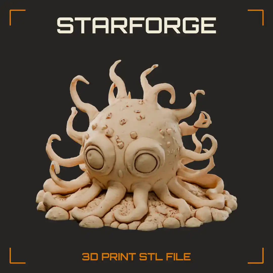 Bulbous Twin-Eyed Tentacle Blob with Warty Hide Sprawled on Rocky Base - 3D Printable STL File