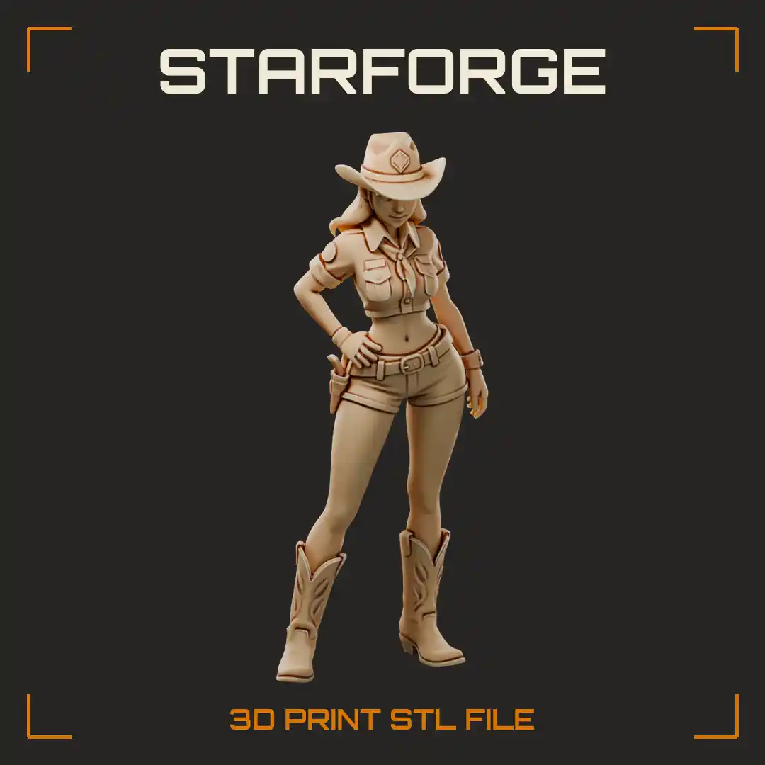 Canyon Scout Cowgirl in Wide-Brim Hat Tied Crop Shirt Holstered Revolver and Tall Boots