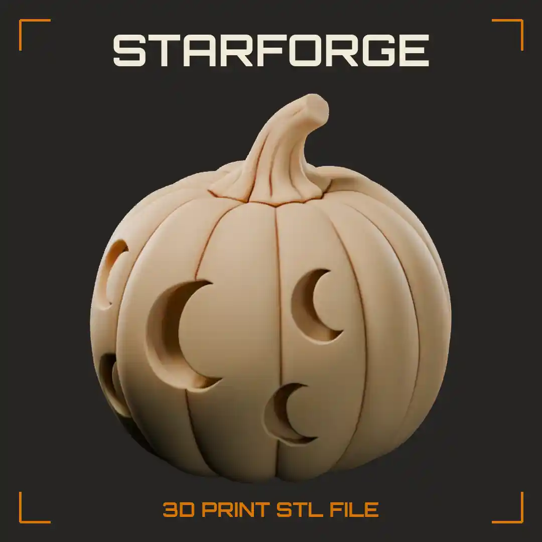 Carved Pumpkin with Crescent Moon and Star Cutouts Ribbed Rind and Twisted Stem