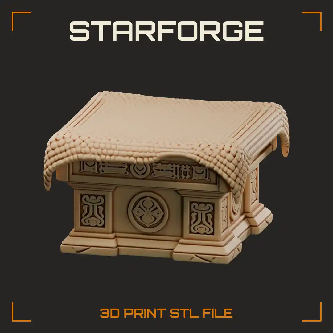 Carved Stone Ritual Altar Draped in Scaled Cloth with Rune Medallion Panels - 3D Printable STL File