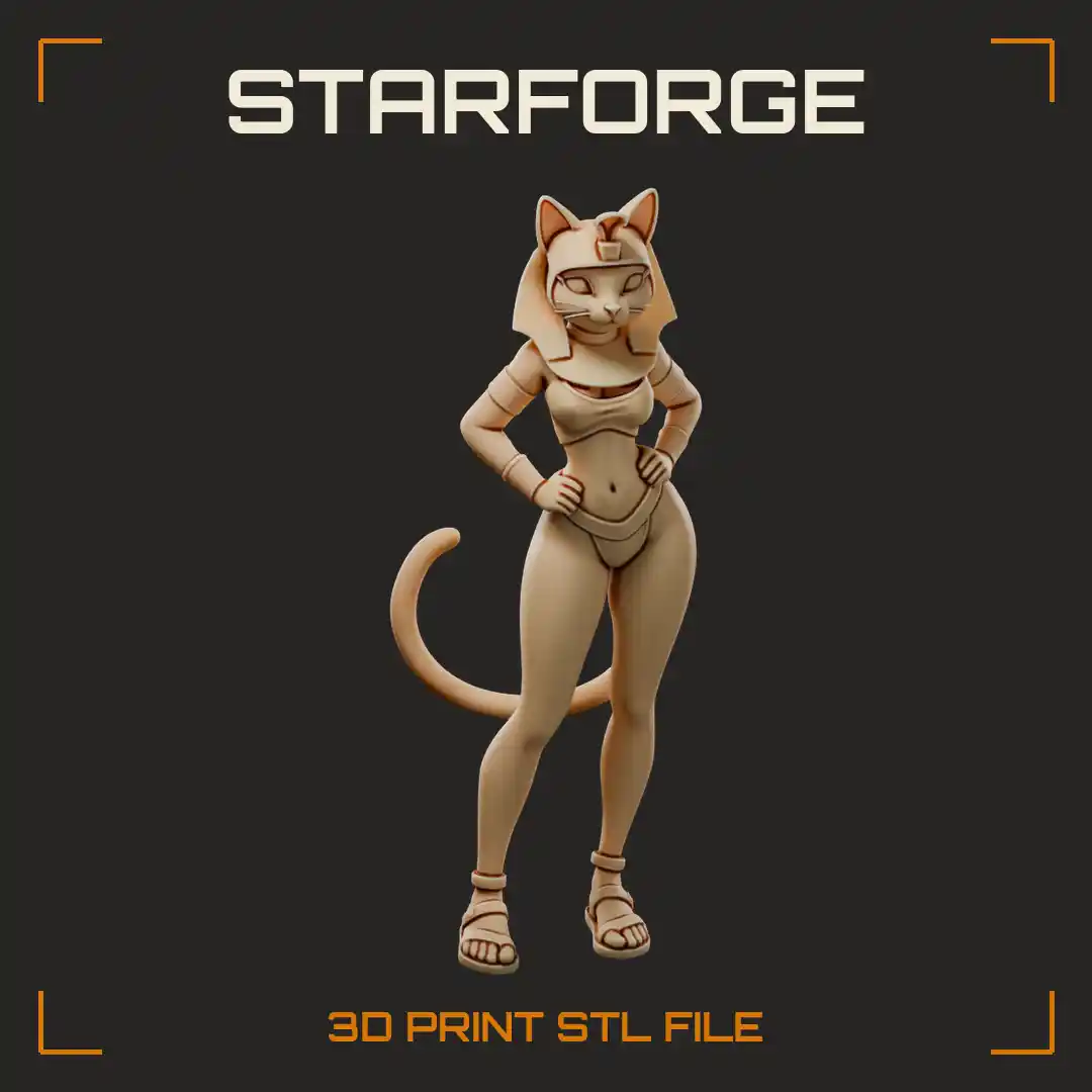 Cat-Headed Bastet Goddess in Nemes Headdress with Curling Tail and Sandals Hands on Hips - 3D Printable STL File