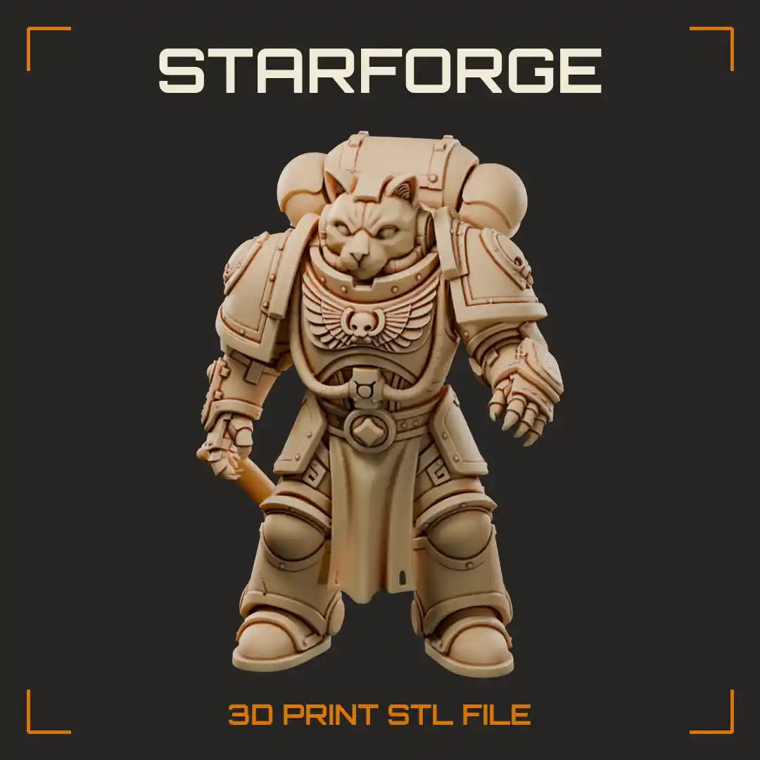 Cat-Headed Space Marine in Power Armor with Skull Pauldrons and Curling Tail - 3D Printable STL File