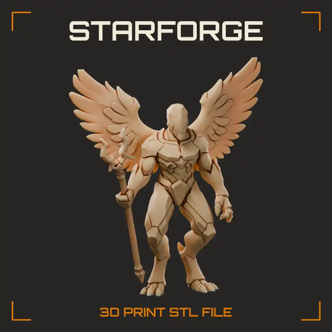 Celestial Winged Armored Sentinel with Feathered Wings and Trident Staff Clawed Feet - 3D Printable STL File