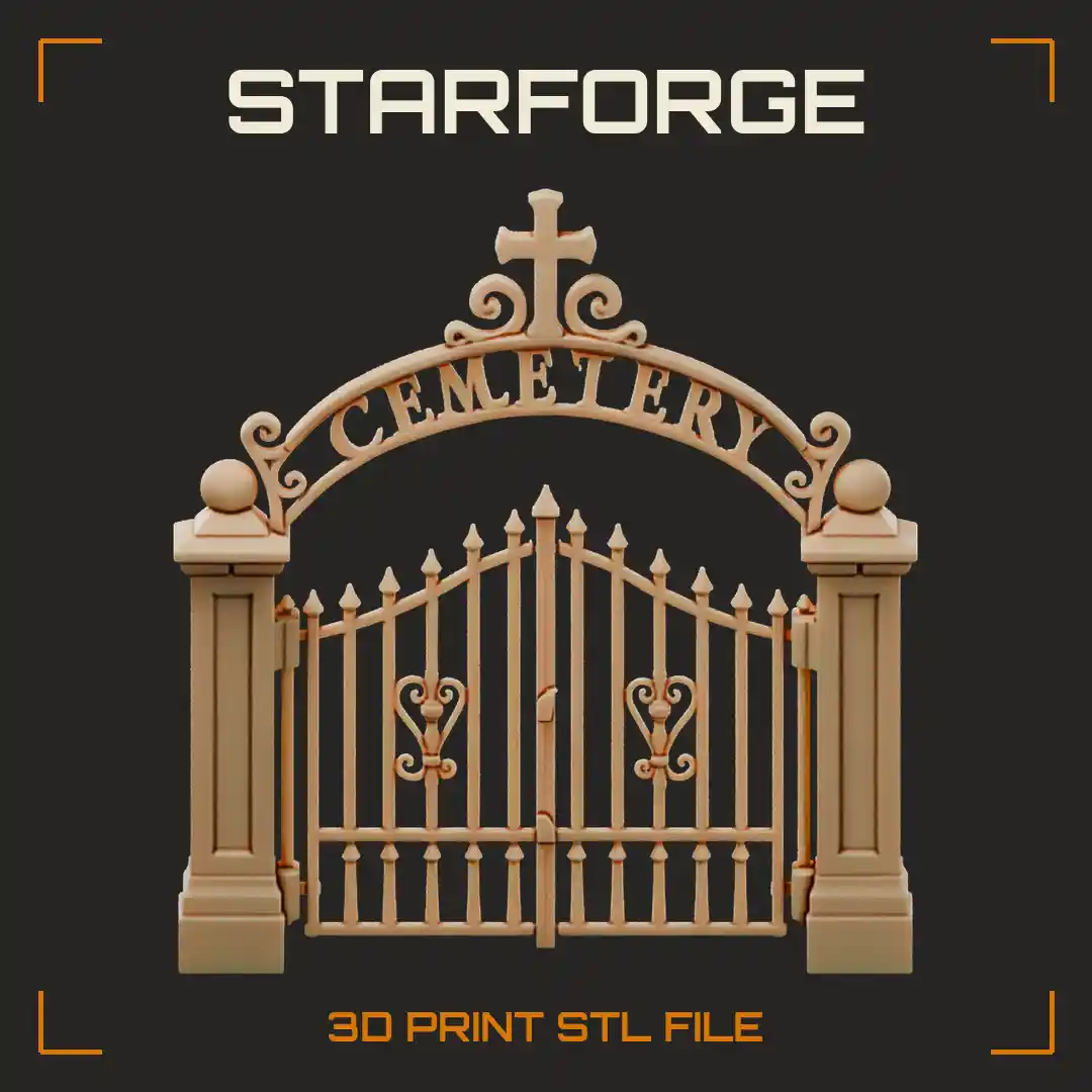 Cemetery Gate with Wrought Iron Arch Spiked Bars Stone Pillars and Scrollwork