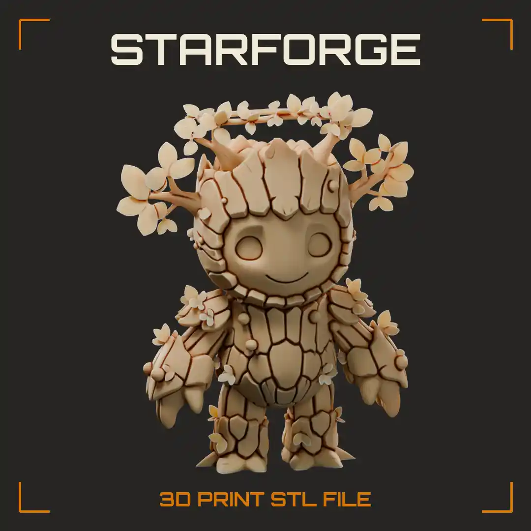 Chibi Bark-Skinned Tree Sprout with Big Eyes Leafy Branches and Thorny Halo - 3D Printable STL File