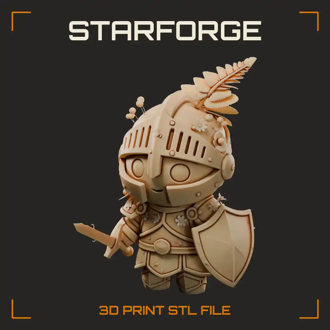 Chibi Knight with Fern Plumed Visored Helmet Shortsword and Heater Shield