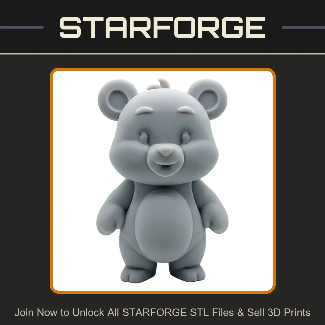 Chibi Teddy Bear Cartoon Cub Standing Smiling Heart Nose Round Belly Patch Closed Eyes Hair Tuft - View 1 of 2