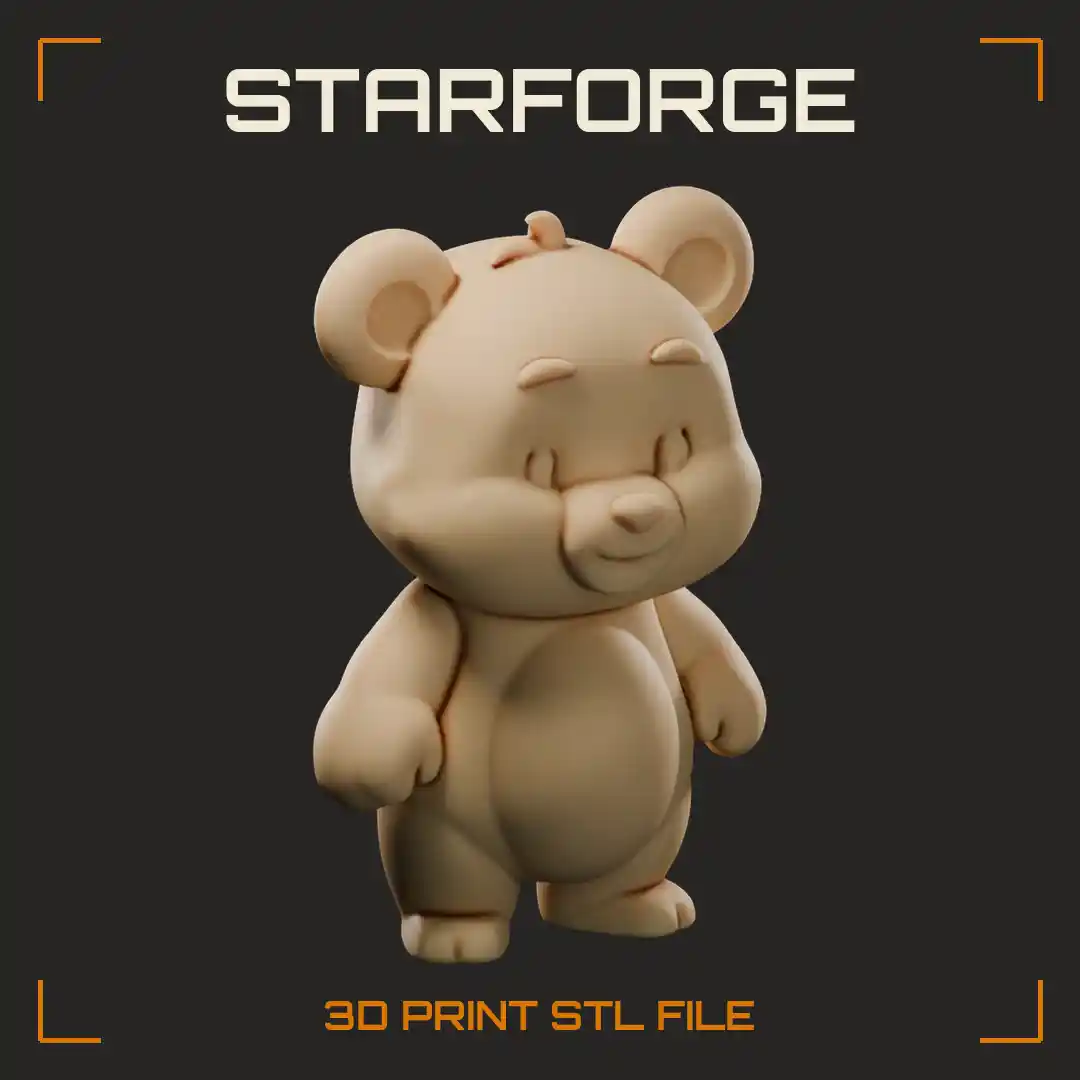 Chibi Teddy Bear Cub Standing Smiling with Round Belly Patch Closed Eyes and Hair Tuft