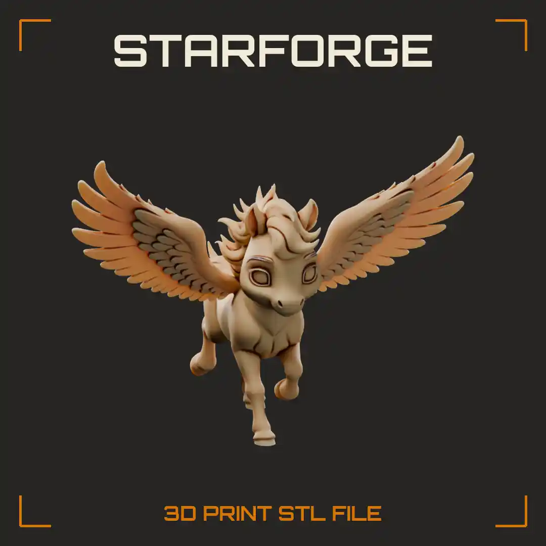 Chibi Winged Unicorn Foal with Spiral Horn Feathered Wings and Flowing Mane Galloping