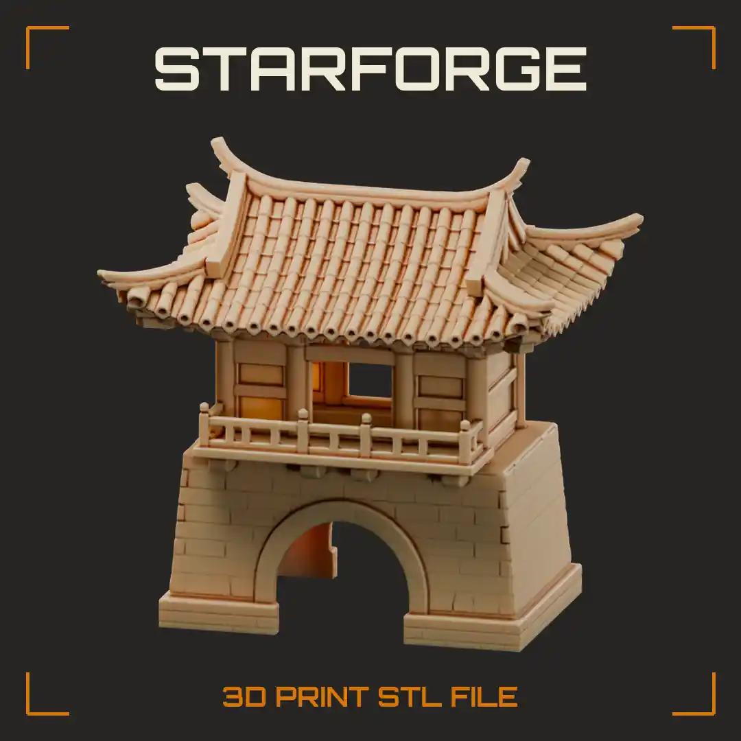 Chinese Gate Tower Pavilion with Curved Tiled Roof on Arched Stone Base - 3D Printable STL File
