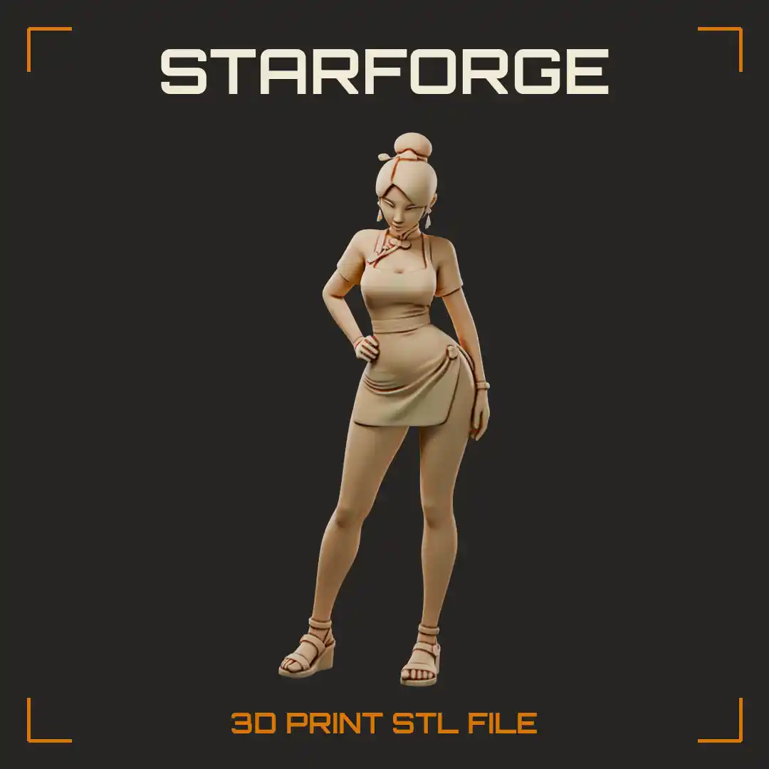 Chinese Tavern Hostess in Wrap Qipao Dress with Hair Bun and Strappy Sandals - 3D Printable STL File