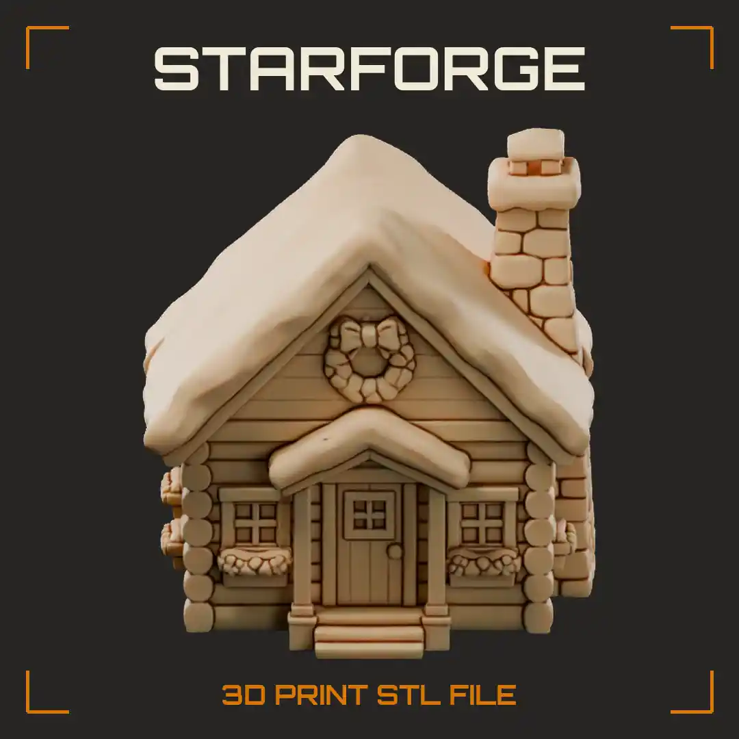 Christmas Cabin With Stone Chimney Log Walls Snowy Roof And Woodpile
