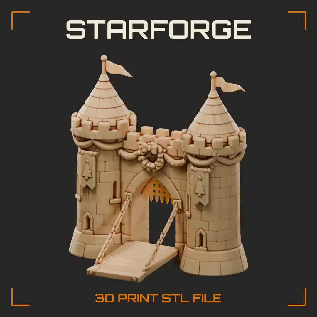 Christmas Castle Gatehouse with Drawbridge Portcullis Snowy Battlements and Banner Poles