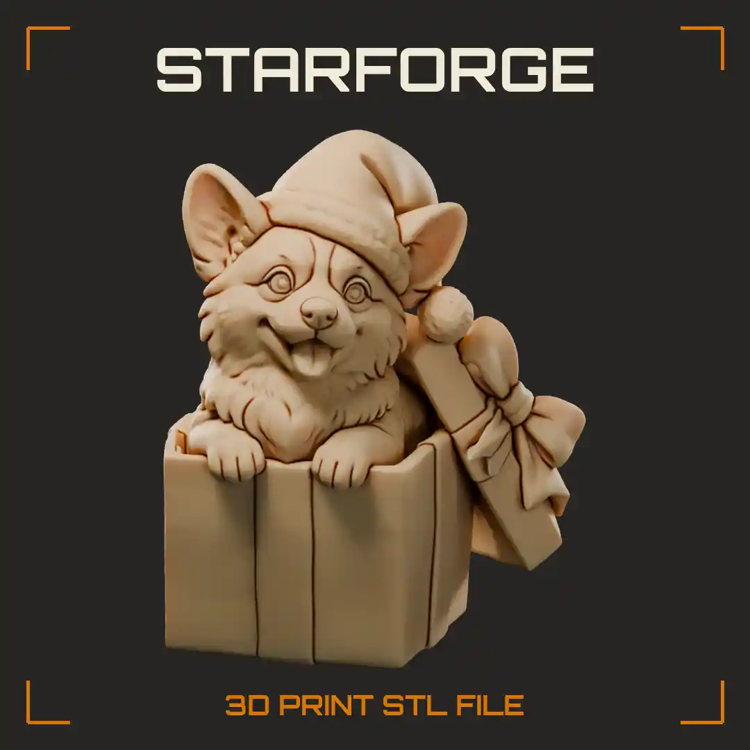 Christmas Corgi Sitting In Gift Box With Ribbon Bow And Pointed Ears