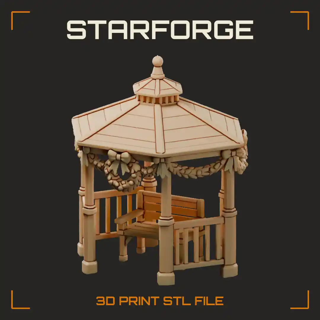 Christmas Gazebo With Octagonal Snowy Roof Railings Bench And Garland