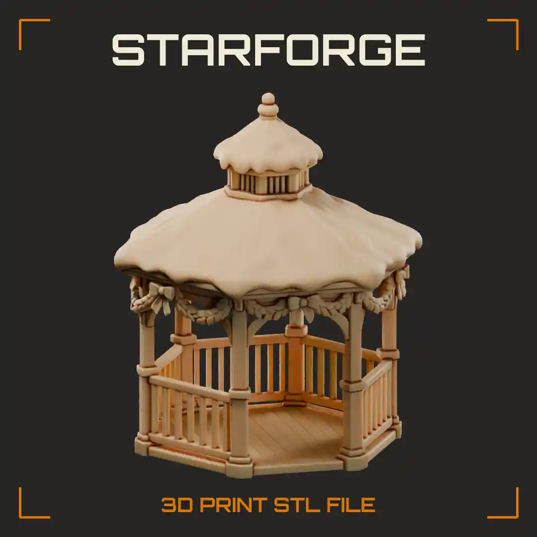Christmas Gazebo with Octagonal Snowy Roof Turned Posts Railings Steps and Garland