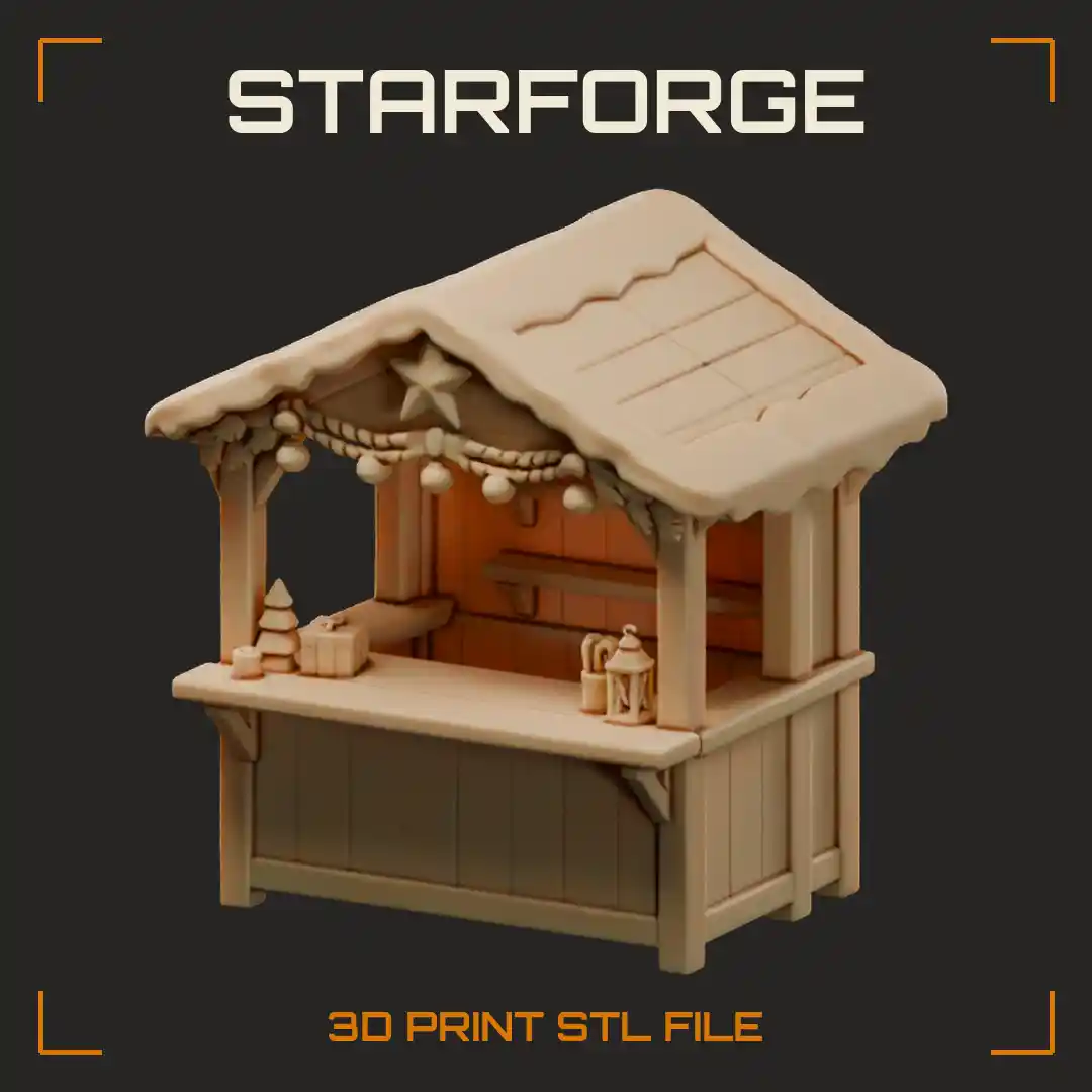 Christmas Market Stall with Wooden Counter Peaked Roof and Garland Trim