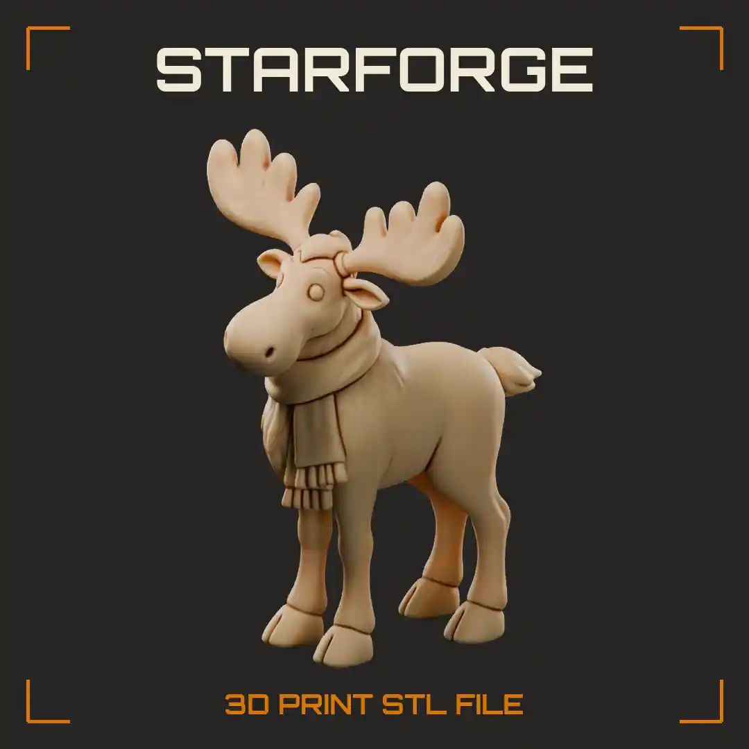 Christmas Moose Standing With Broad Antlers Knit Scarf And Long Legs