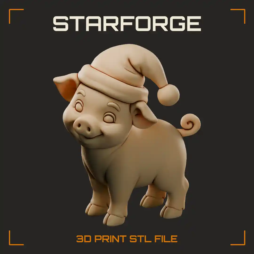 Christmas Pig Figurine with Round Snout Curly Tail Floppy Ears and Santa Hat with Pompom