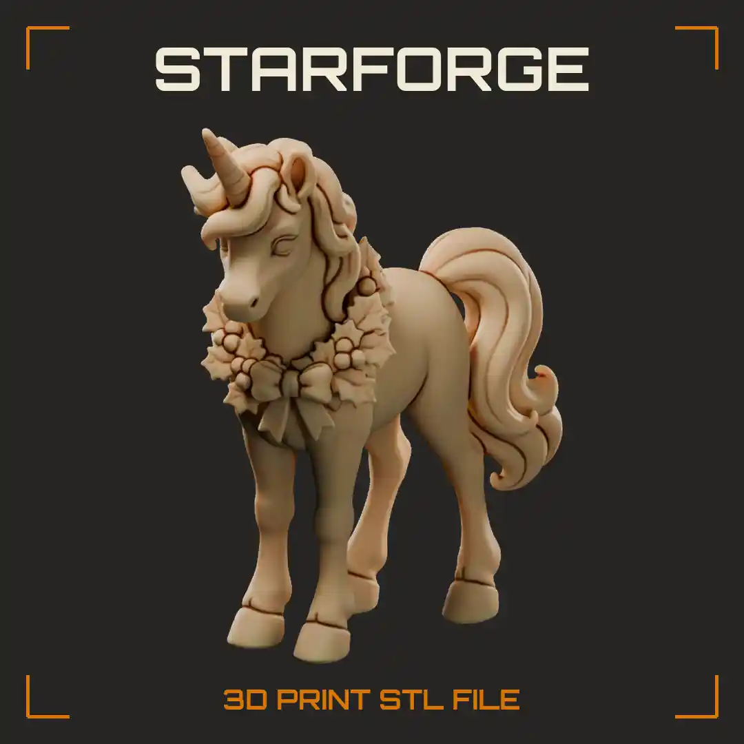 Christmas Unicorn Figurine with Spiral Horn Flowing Mane Hooves and Holly Wreath Collar